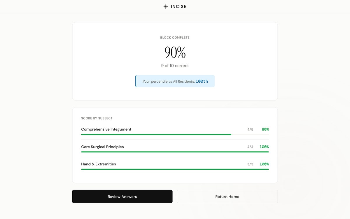 Session results — 90% correct with percentile and score by subject
