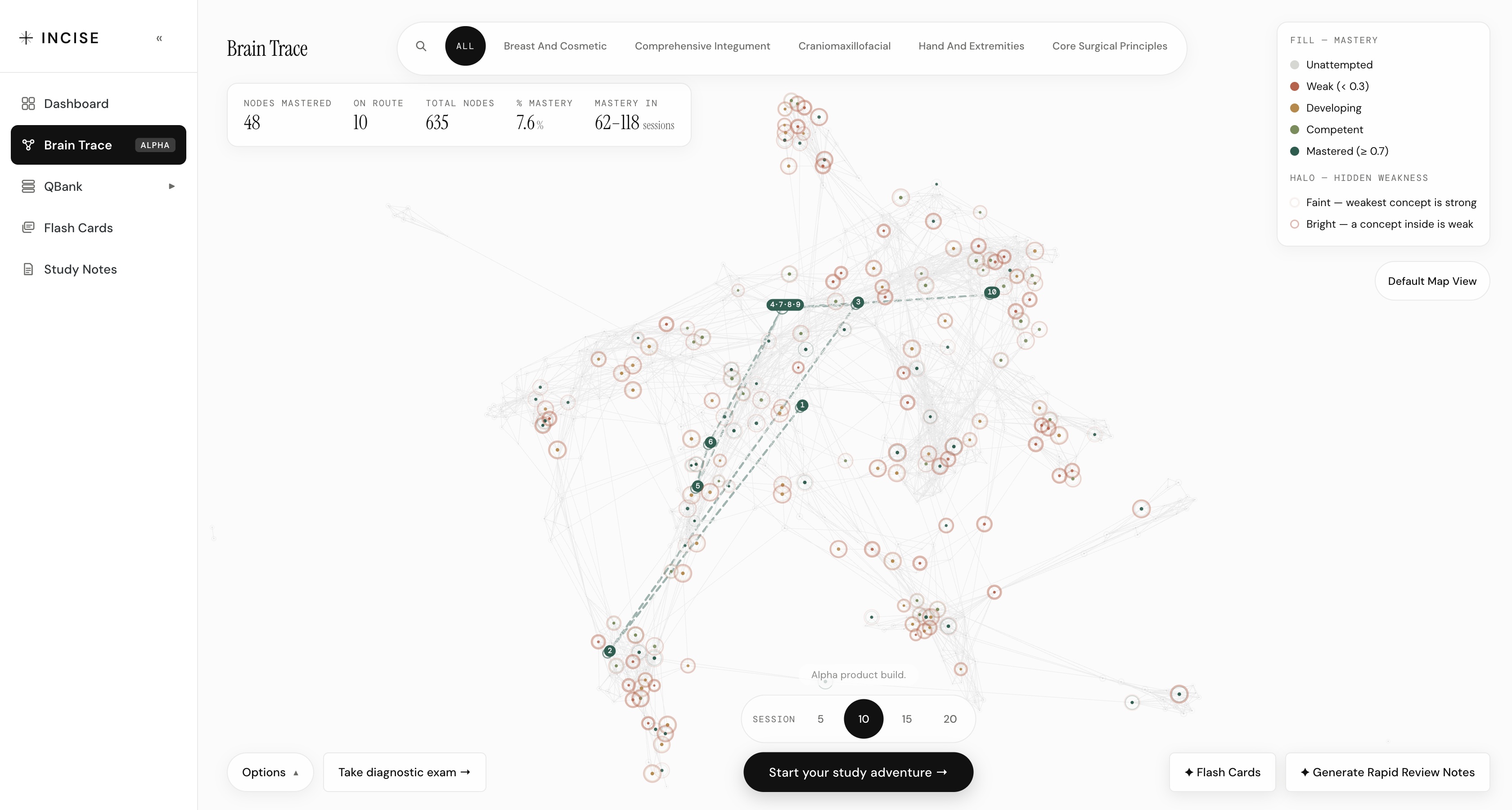 Brain Trace inside Incise: a knowledge map of 635 board concepts colored by mastery, beside counts of nodes mastered, the current route, and the estimated sessions to full mastery.