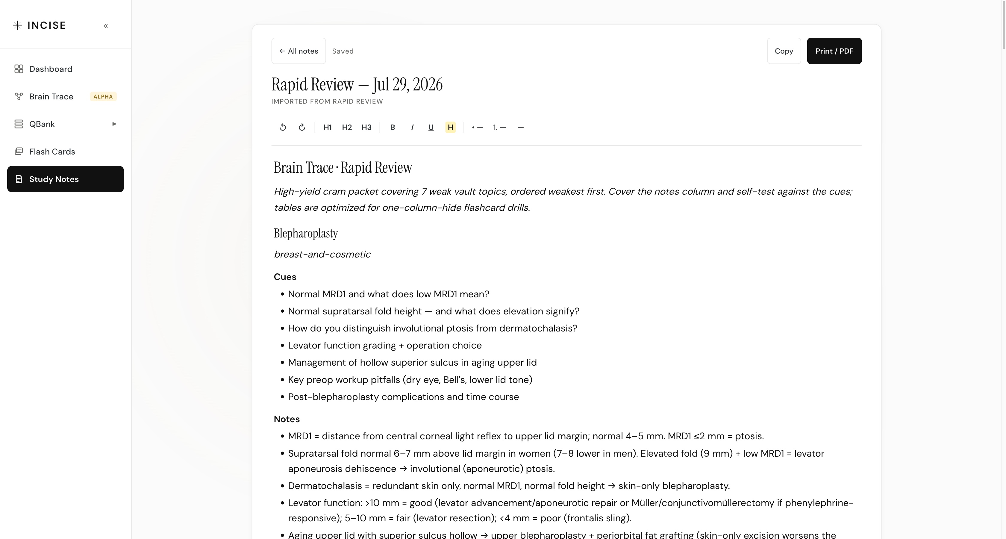 Study Notes in Incise: a Rapid Review packet opened as an editable document, with a Blepharoplasty section listing self-test cues, the notes that answer them, and a comparison table of findings, diagnoses, and treatments.