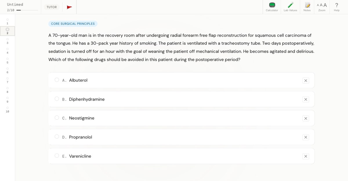Incise tutor-mode question: a clinical vignette with five answer choices and a question navigator.