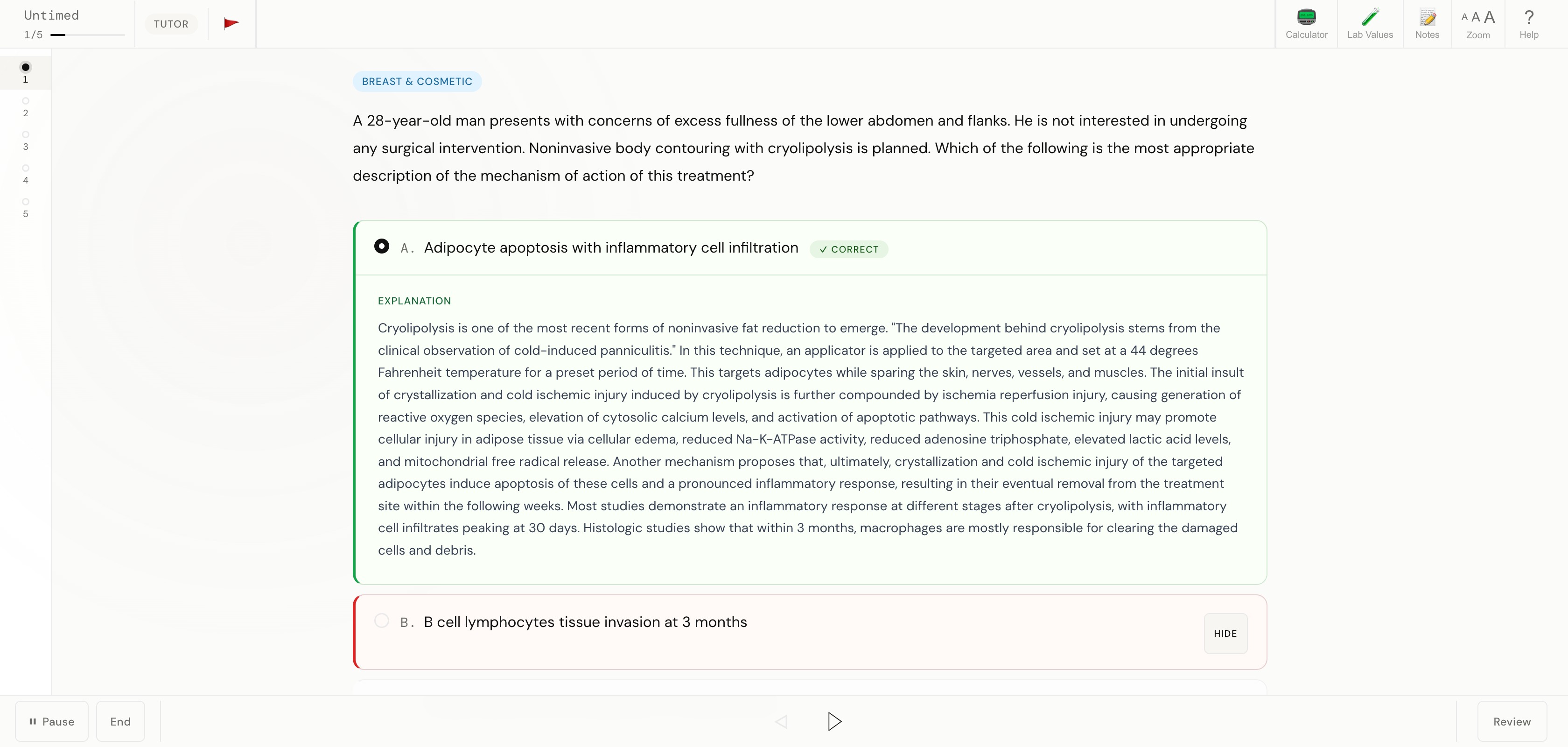 Tutor-mode explanation: correct answer highlighted, per-distractor rationale
